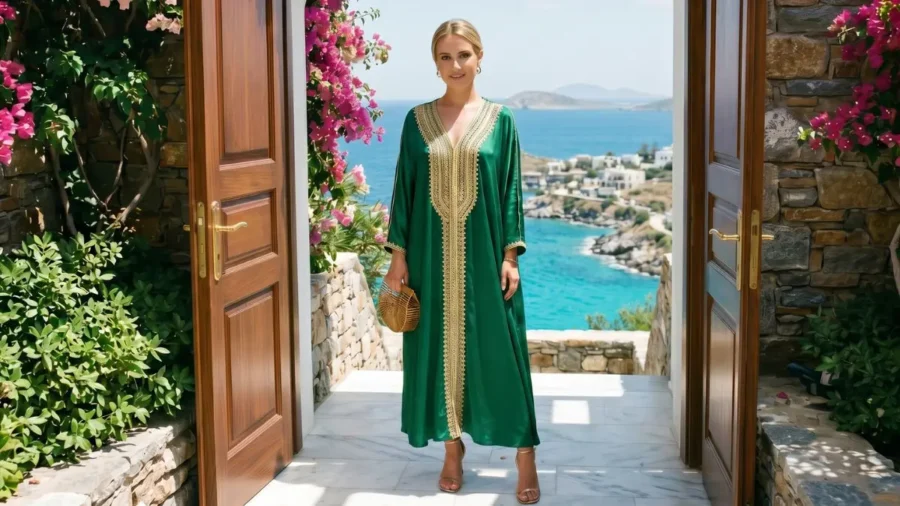 An elegant blonde woman wearing a luxurious emerald green viscose-silk kaftan dress with intricate gold embroidery along the deep V-neckline. She stands in a stone archway overlooking a bright blue Mediterranean sea and coastal village, framed by vibrant pink bougainvillea flowers, representing expensive-looking summer resortwear fashion.