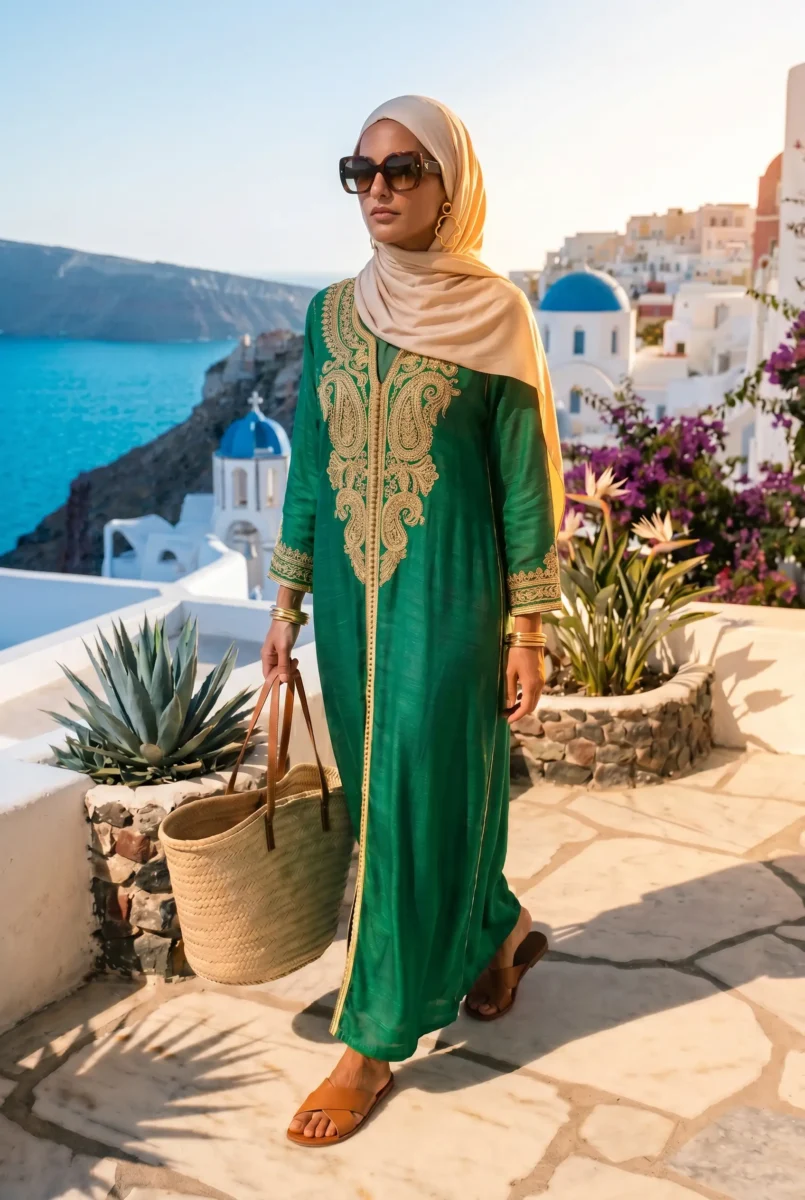 An elegant woman wearing a luxurious emerald green viscose kaftan dress and cream hijab walking on a marble terrace overlooking a turquoise Mediterranean sea.