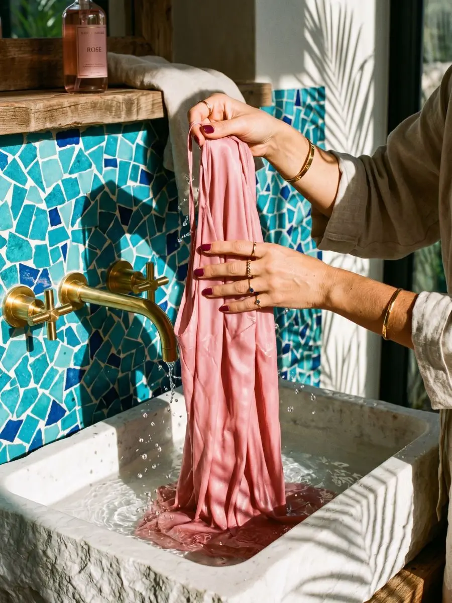 A high-fashion magazine editorial photograph capturing a luxury garment care ritual. A woman's hands with a deep berry manicure lift a wet, fluid powder-rose silk slip out of a white stone basin. The backdrop features vibrant turquoise mosaic tiles, gleaming gold faucets, and dramatic palm leaf shadows cast by bright, directional sunlight.