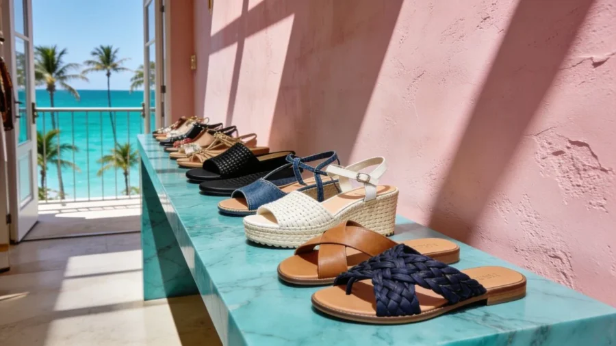 A curated collection of elegant woven neoprene, indigo denim, and natural leather resort sandals displayed in a tight row on a long turquoise marble table against a textured pink boutique wall overlooking the ocean.