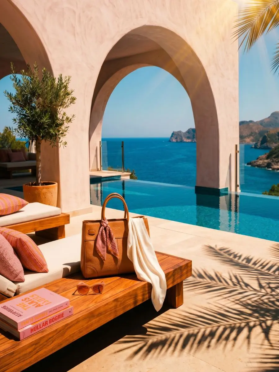 A 2:3 vertical fashion lifestyle magazine photograph capturing a tan leather handbag with a dusty pink silk scarf, cream wrap, sunglasses, and books on a walnut bench next to dusty pink and orange pillows on a sun-drenched villa terrace overlooking a turquoise pool and deep blue sea.