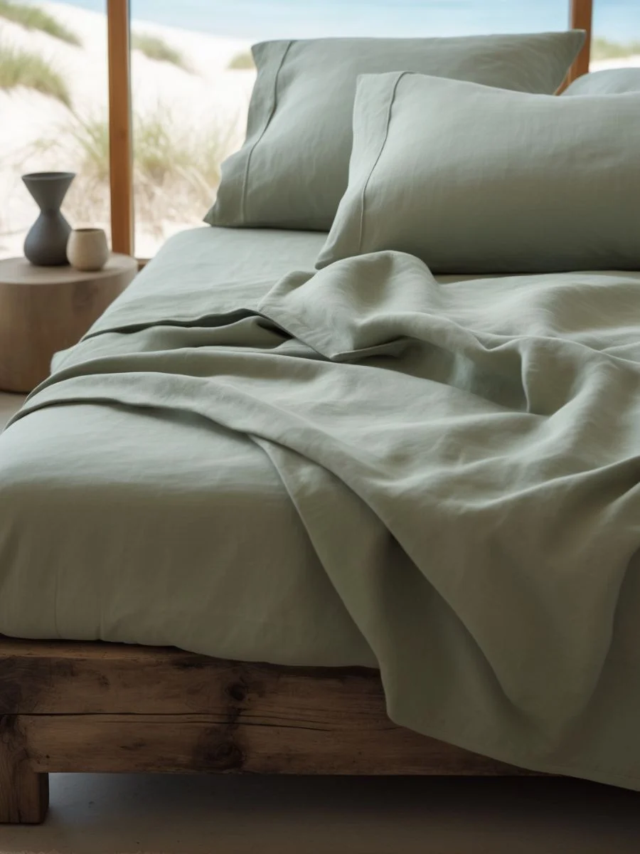Elegant fluid sheets draped gracefully over a mattress, showcasing a light sand color and silky bamboo rayon texture.