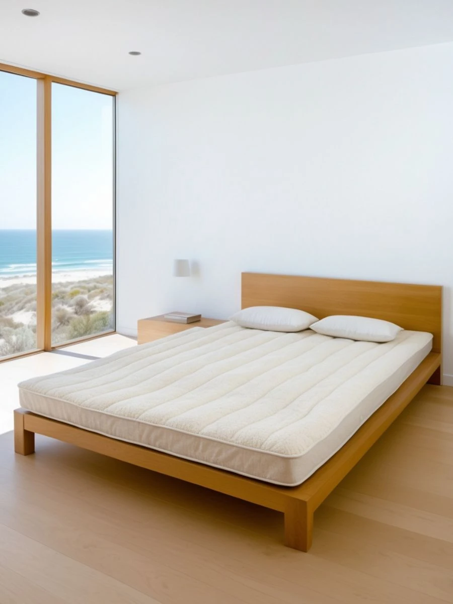 A sleek, one-and-a-half-inch thick organic merino wool mattress topper showcasing smooth cotton quilting.