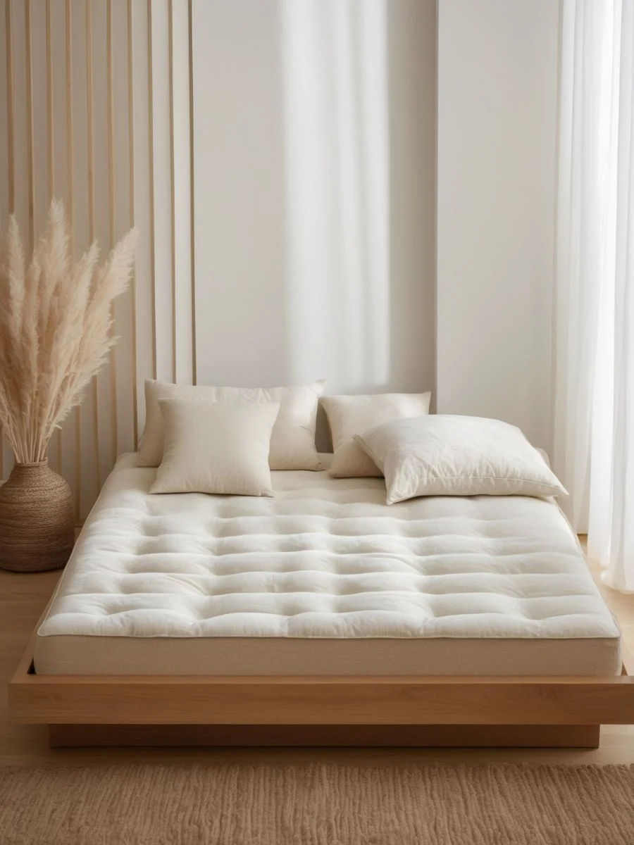 A full view of a plush, hand-tufted mattress topper with thick borders and elastic anchor straps on a bed.
