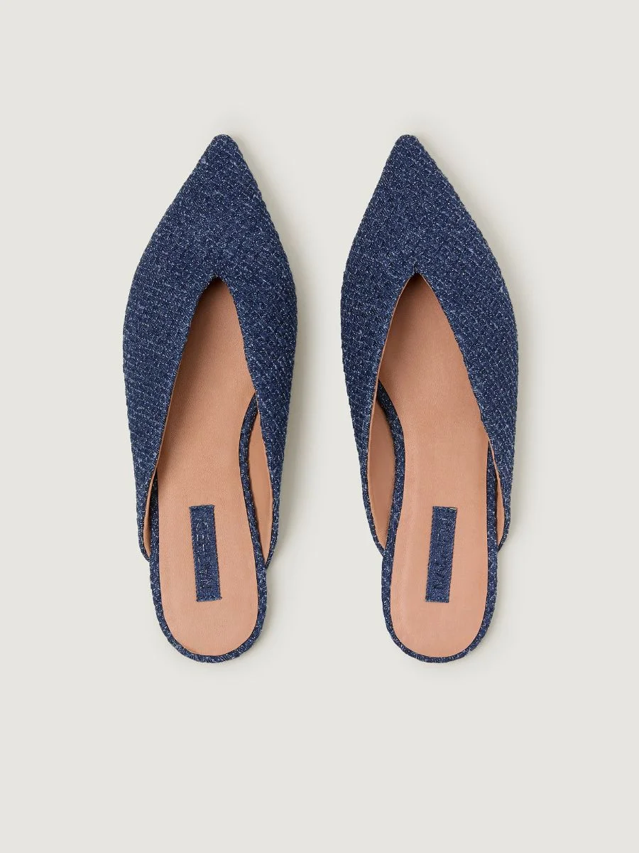 Top-down view of Naghedi Strada slip-on pointed-toe flat mules in dark-washed handwoven denim.