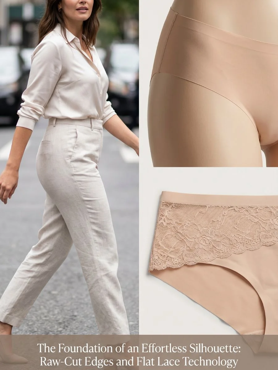 Editorial fashion compilation showing a woman in smooth linen trousers next to close-up details of raw-cut and flat-lace neutral underwear.
