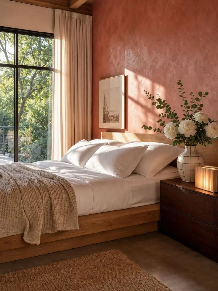terracotta bedroom organic sateen sheetsSunlit luxury bedroom featuring a low-profile natural oak bed frame with smooth white organic sateen sheets, a neutral waffle-knit throw blanket, and a textured terracotta limewash accent wall.