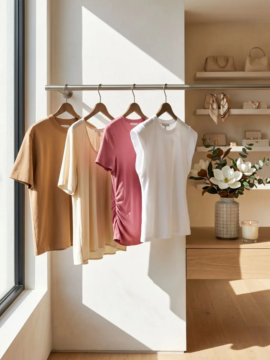 A vertical view of four distinctly different women's premium short-sleeve t-shirts including a camel crewneck, cream deep scoop-neck, ruched powder rose pink tee, and white structured cap-shoulder shirt hanging on a bronze rail inside a bright, sunlit luxury custom walk-in closet space next to white magnolias.