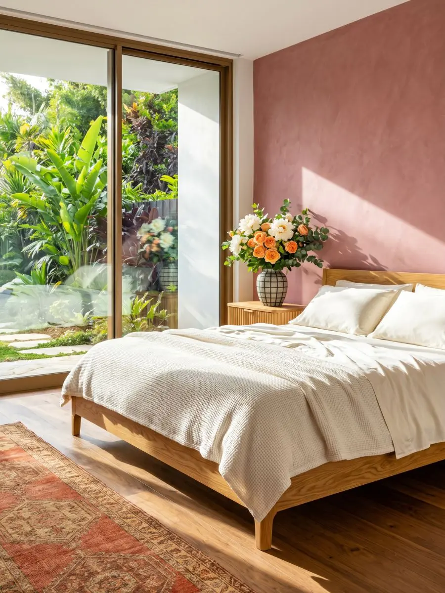 Bright and richly saturated luxury bedroom featuring vivid white organic sheets on a golden oak bed frame, a saturated dusty rose plaster wall, and a colorful vintage terracotta rug.