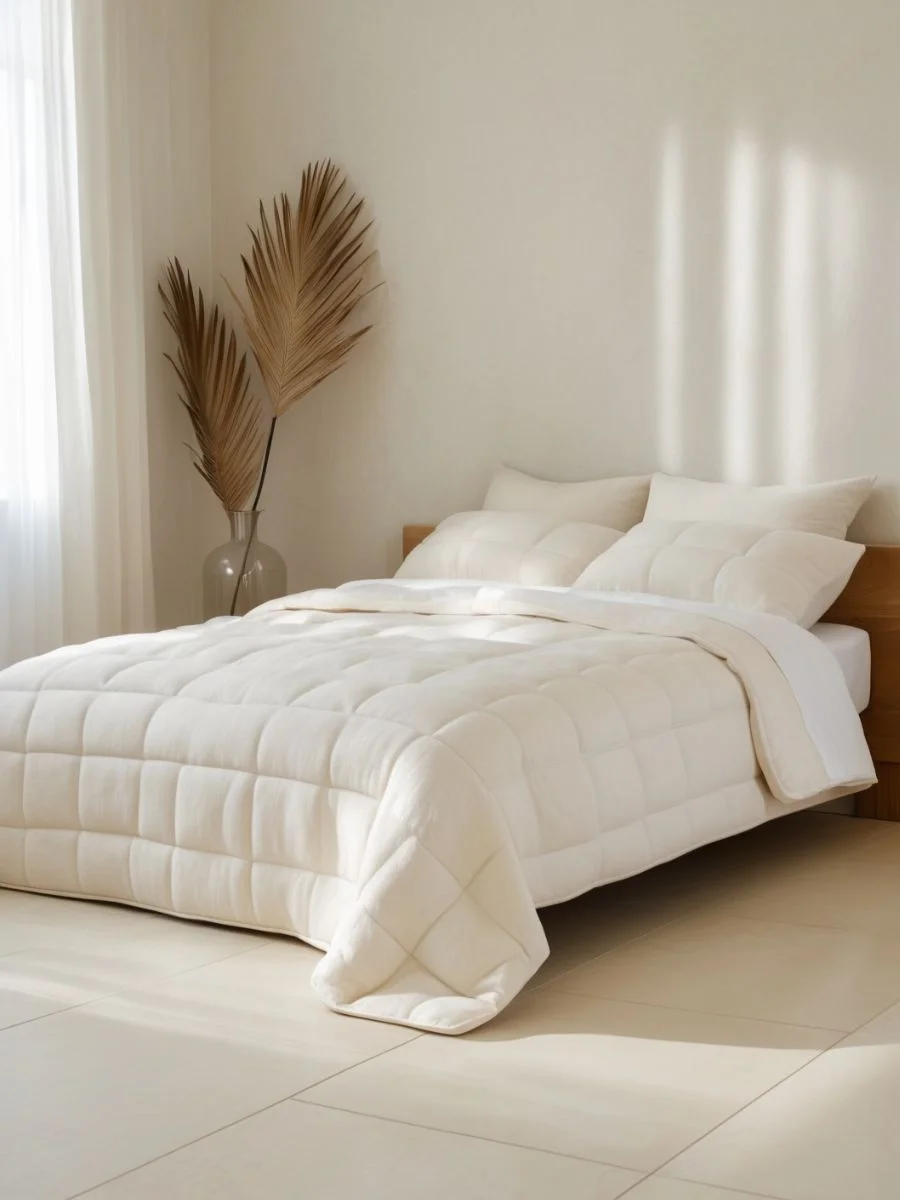 A full view of a fluffy, ivory quilted wool comforter laid across an upscale bed frame.
