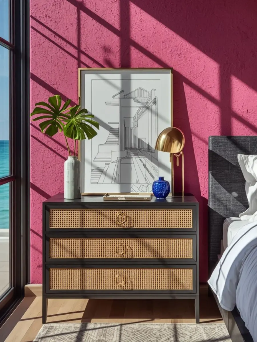 A vertical shot of a large black-and-white architectural sketch in a thin gold frame leaning off-center on a black three-drawer cane nightstand styled with a gold lamp and a vase of green leaves against a magenta wall.