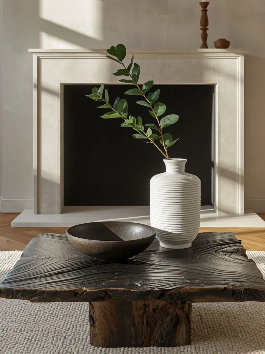 Old Money Home Decor: Easy Styling Steps to Make an Average Room Look High-End Blackened iron centerpiece bowl and a tall textured white vase styled on a dark wood coffee table. Neutral living room fireplace styling inspiration.