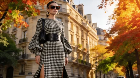 An elegant woman standing in a structured houndstooth print midi dress with a wide black leather belt on an autumn boulevard, demonstrating how to style chic pre-fall transitional midi dresses.