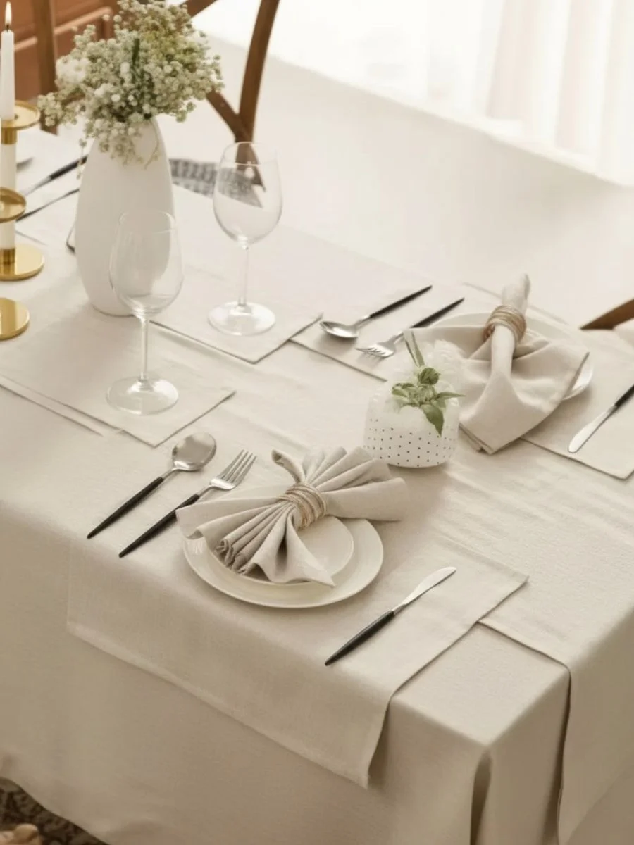 An elegant dining table set with a cream-colored 100% French linen tablecloth, matching cloth napkins in rings, and gold candle holders.