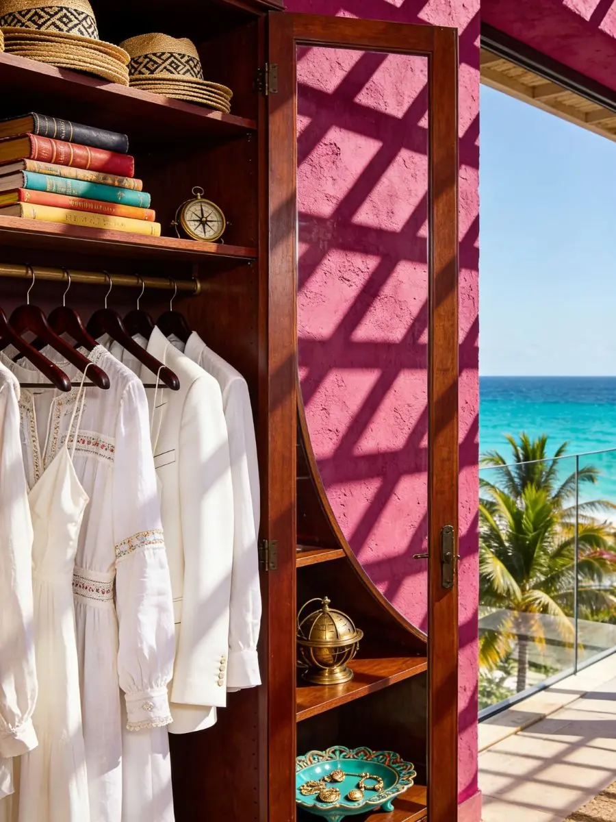  An open mahogany resort wardrobe filled with white linen resort dresses and a tailored blazer hanging neatly against a magenta stucco wall with geometric grid shadows, next to an open glass balcony overlooking palm trees and a turquoise blue ocean.