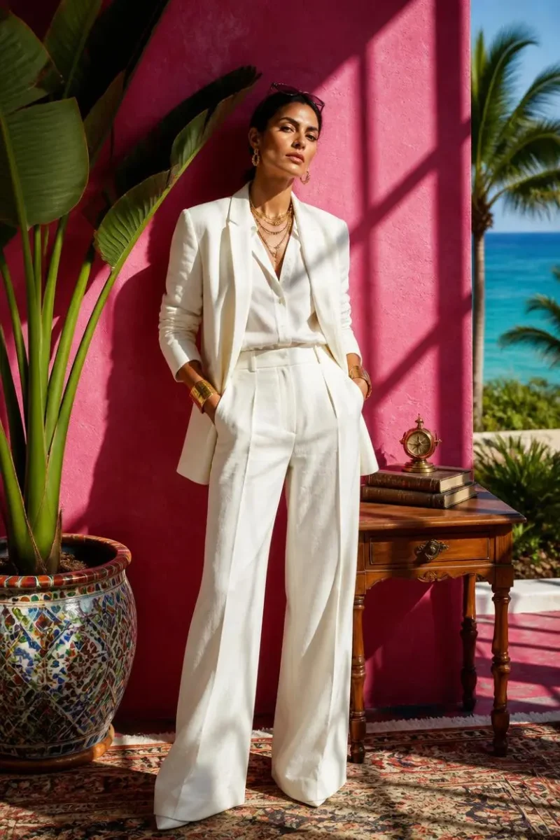 A woman stands on a luxury tropical resort terrace wearing a classy white linen blazer, a matching blouse, and high-waisted wide-leg trousers against a pink wall and turquoise ocean view.