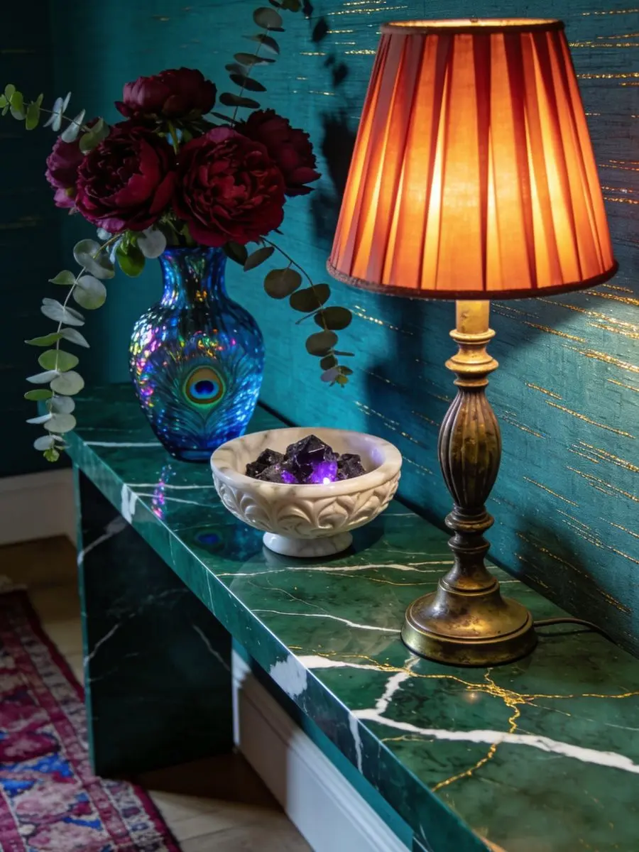 7 Layered Lighting Looks: How to Style Elegant Wall Sconces and Lamps A vibrant luxury hallway console featuring an emerald green marble table, a pleated orange lamp, and a blue peacock glass vase.