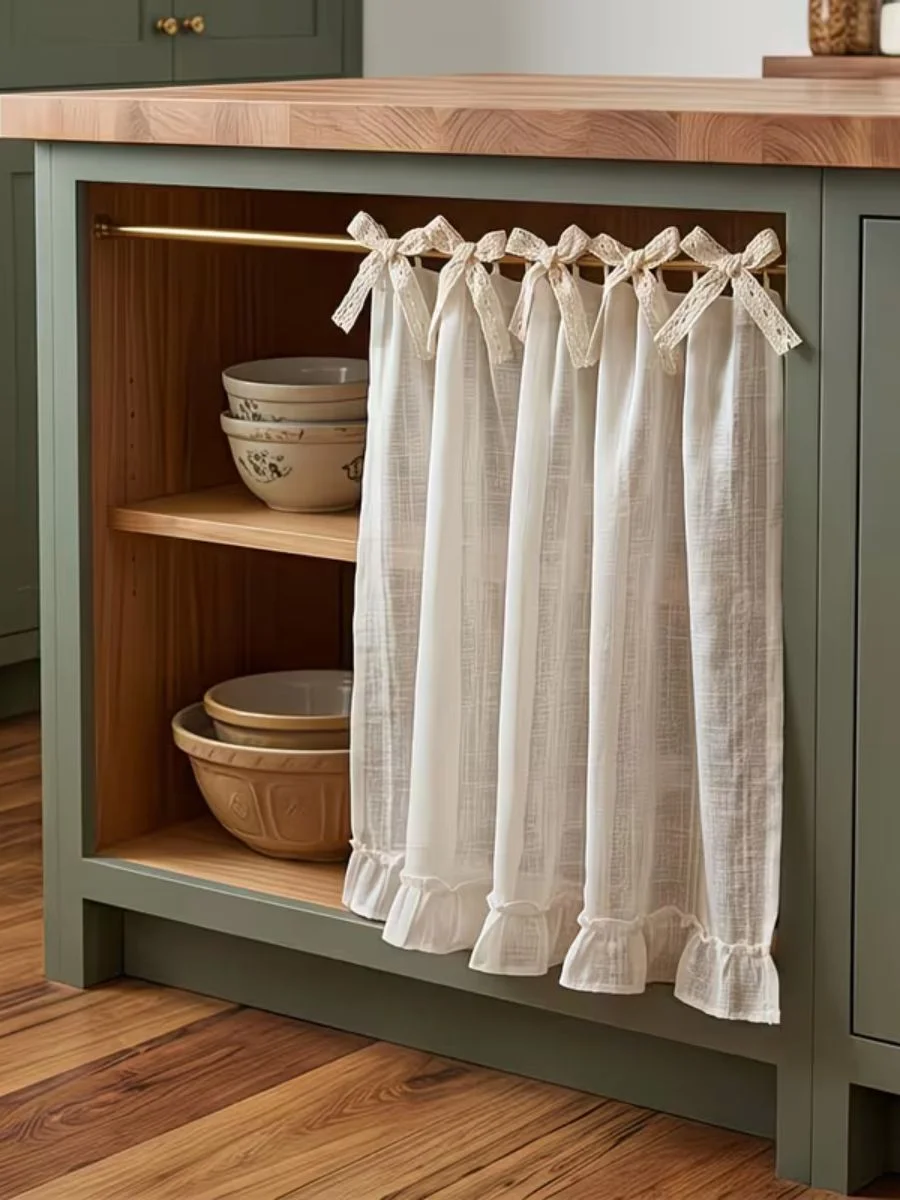 A white faux linen kitchen island skirt with ribbon ties hanging from a brass rod under a butcher block countertop.