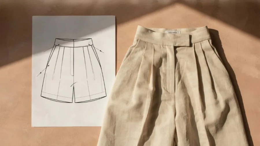 Split screen fashion design technical blueprint sketch and tailored high rise cream shorts flat lay on terracotta background