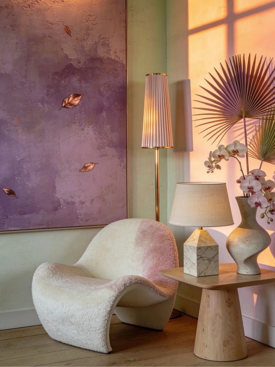 7 Layered Lighting Looks: How to Style Elegant Wall Sconces and Lamps Layered lighting in a cozy living room corner featuring a picture light, a tall pleated floor lamp, and a marble table lamp next to a modern armchair