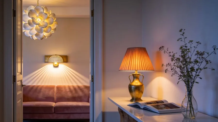 7 Layered Lighting Looks: How to Style Elegant Wall Sconces and Lamps An elegant home interior at twilight showcasing layered lighting with a warm pleated brass table lamp on a marble console and a perforated wall sconce glowing above a dusty rose velvet sofa.