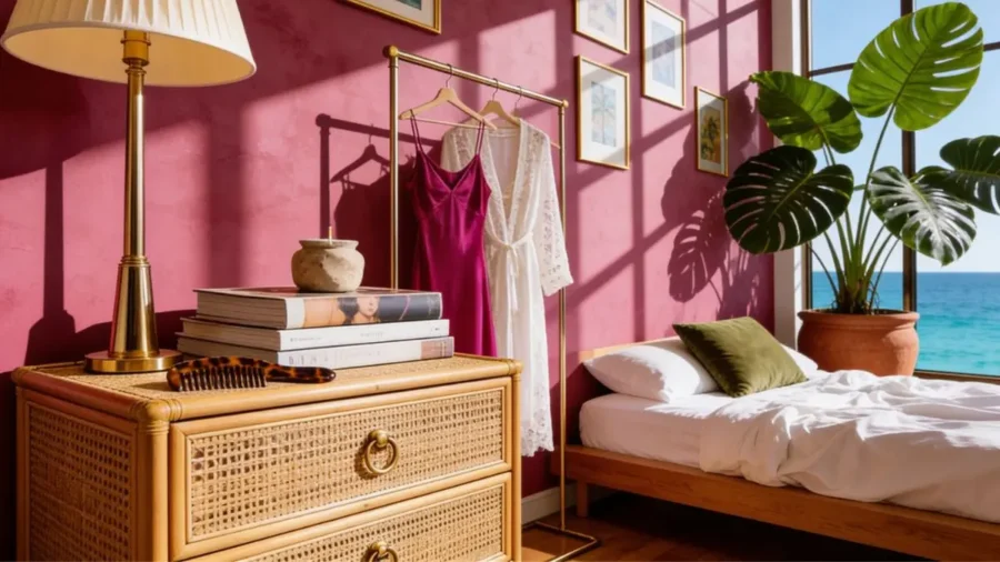 An eclectic luxury bedroom featuring a styled light oak cane nightstand with polished gold ring handles, a brass table lamp, a stack of design books, and a textured magenta accent wall next to a platform bed and ocean view window.
