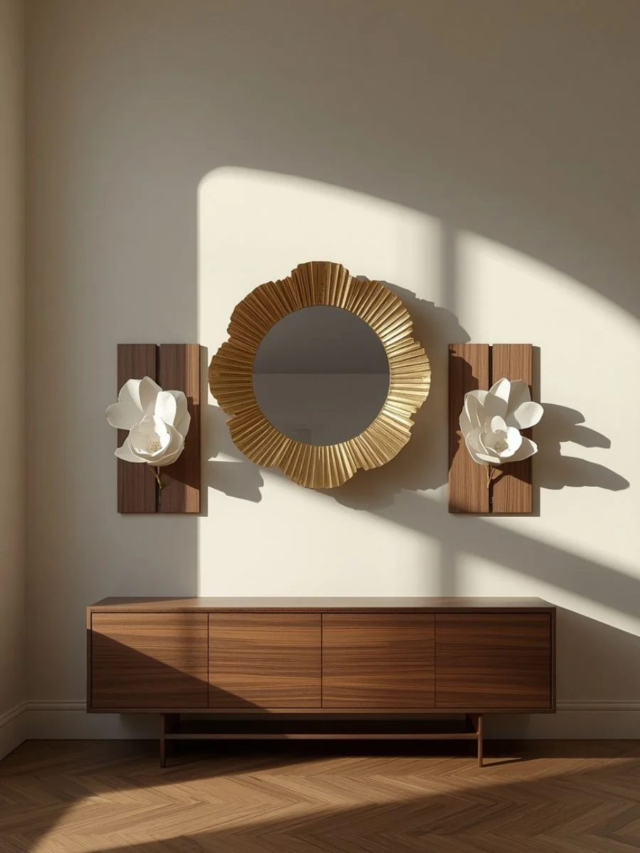 Old Money Home Decor: Easy Styling Steps to Make an Average Room Look High-End Round scalloped gold mirror and carved wood floral plaques styled over a mid-century wooden sideboard. High-end entryway styling with an old money aesthetic.