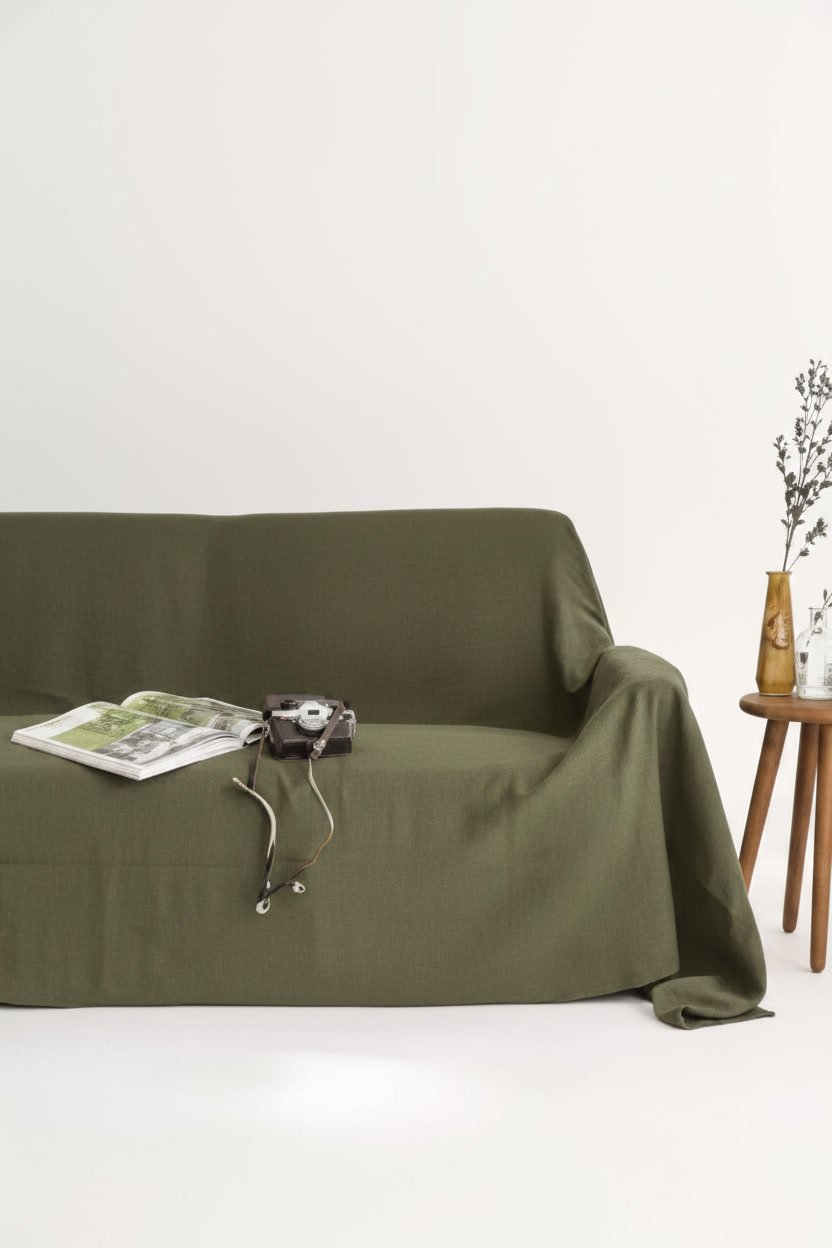 A loose moss green pure linen throw cover draped over a modern sofa next to a three-legged wooden side table.