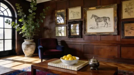 A luxurious old money living room corner featuring dark wood paneled walls, a gallery layout of vintage equestrian sketches, a marble bowl of fresh lemons, and a faded antique Persian rug.