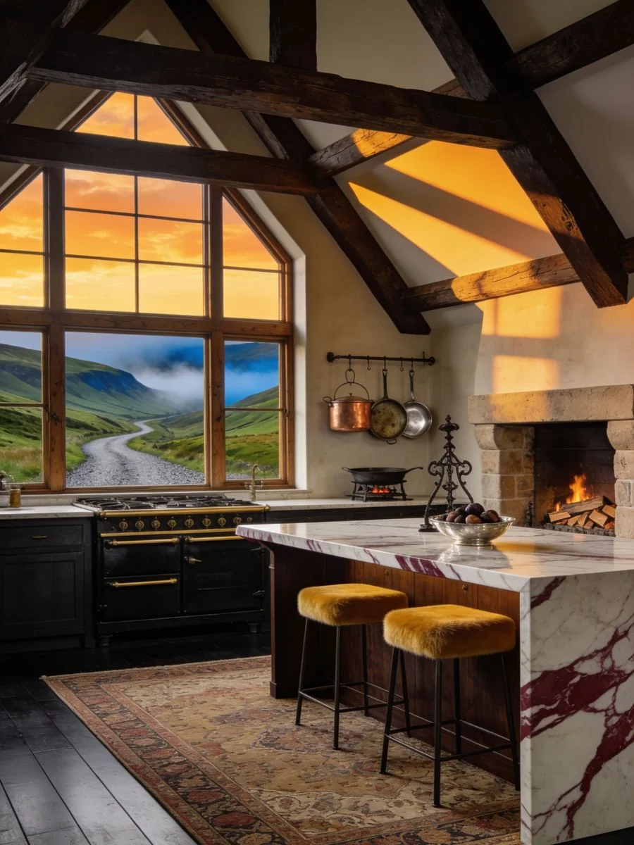 Old Money Home Decor: Easy Styling Steps to Make an Average Room Look High-End A luxurious old money style kitchen featuring a marble island with deep burgundy veining, exposed cathedral ceiling beams, a stone fireplace, and a large window overlooking a scenic valley road.