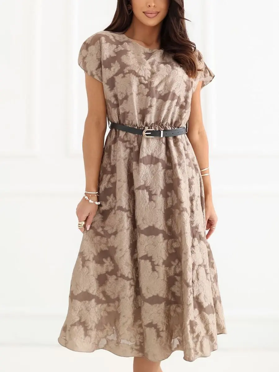A chic taupe jacquard midi, showing how chic pre-fall transitional midi dresses offer a luxurious burnout texture.
