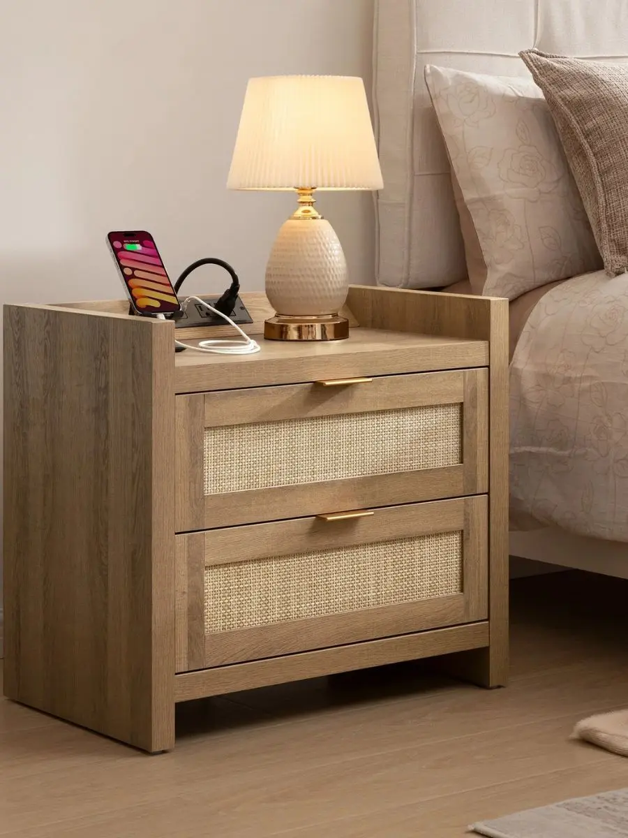 The Savanna Nightstand with Charger displaying a built-in power strip and USB outlets integrated into its open top rear ledge.