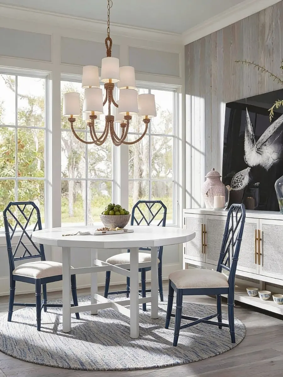 7 Layered Lighting Looks: How to Style Elegant Wall Sconces and Lamps Regina Andrew Bimini Large Chandelier featuring woven seagrass arms and nine white shades in a coastal dining room.