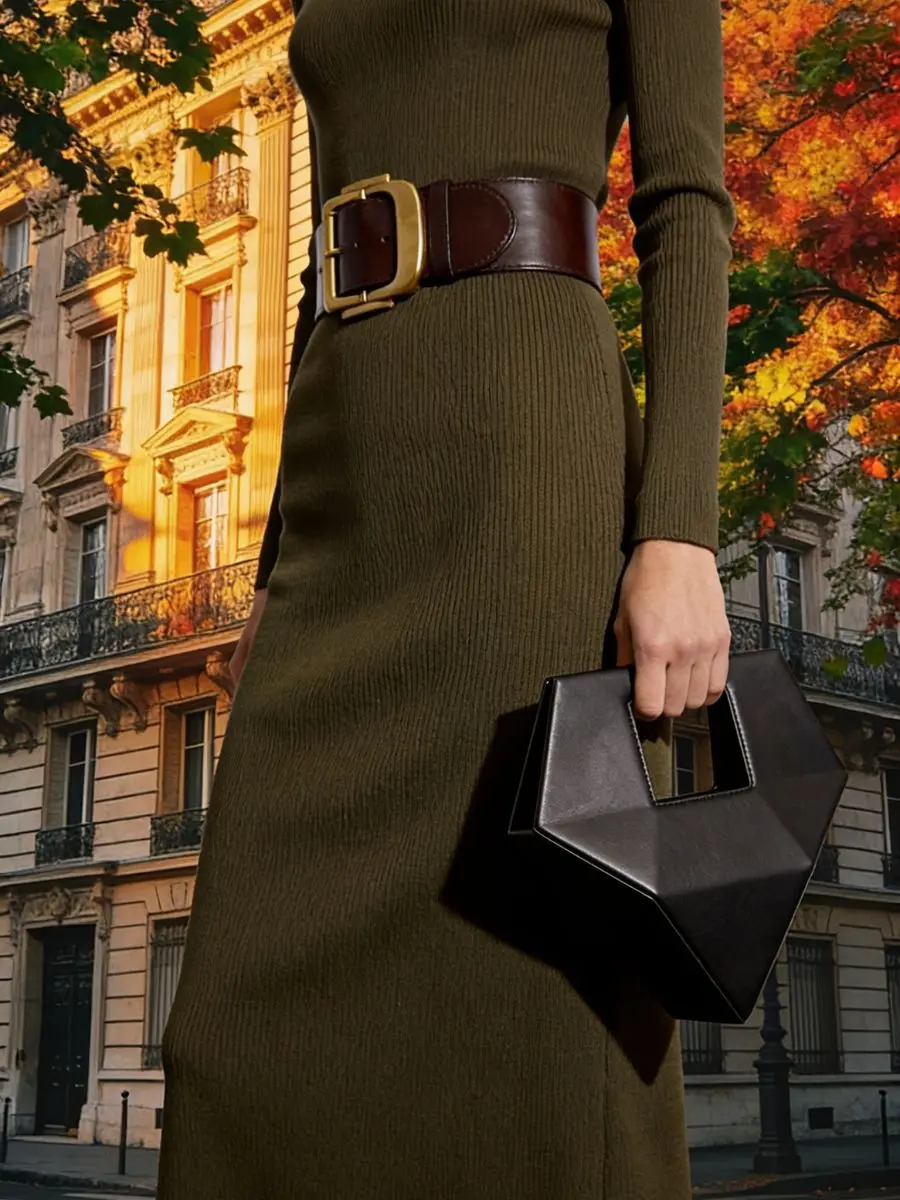 A detailed look at a high-waisted leather belt, a premium way to accent chic pre-fall transitional midi dresses for the cooler months.
