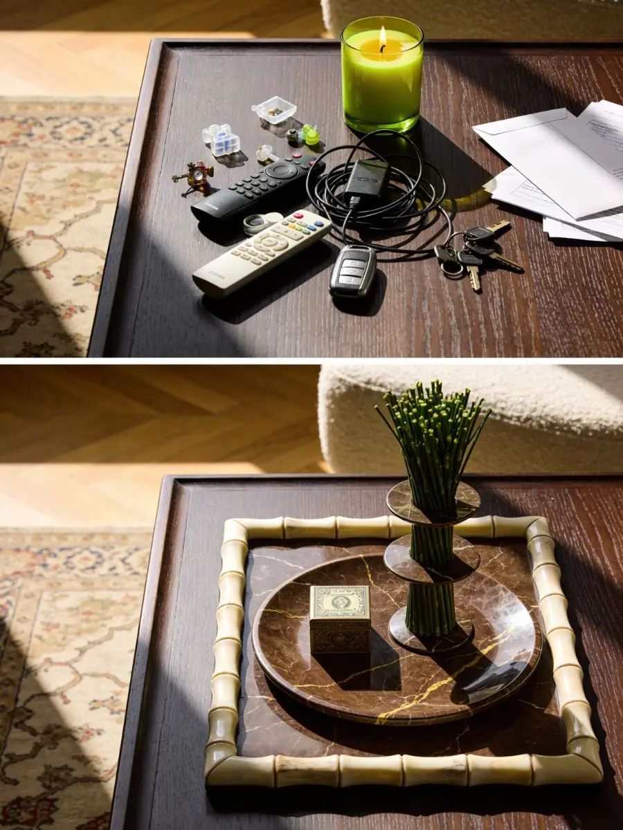 Old Money Home Decor: Easy Styling Steps to Make an Average Room Look High-End A vertical design comparison of a cluttered dark wood table with loose remotes versus an old money styled tray containing a veined brown marble dish.