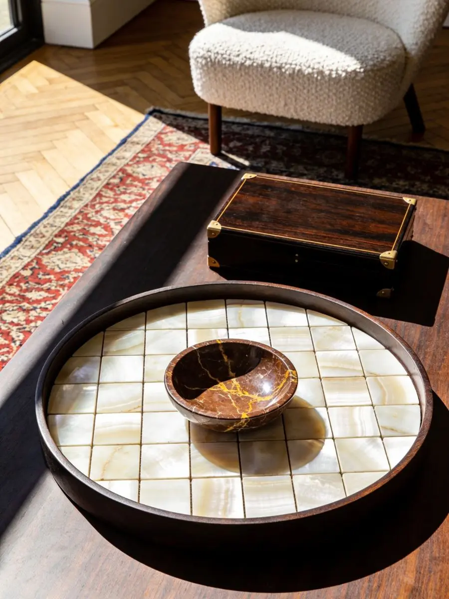 Old Money Home Decor: Easy Styling Steps to Make an Average Room Look High-End A round bone mosaic tray holding a brown veined marble bowl next to a dark wood box on a walnut coffee table. Old money living room decor ideas.
