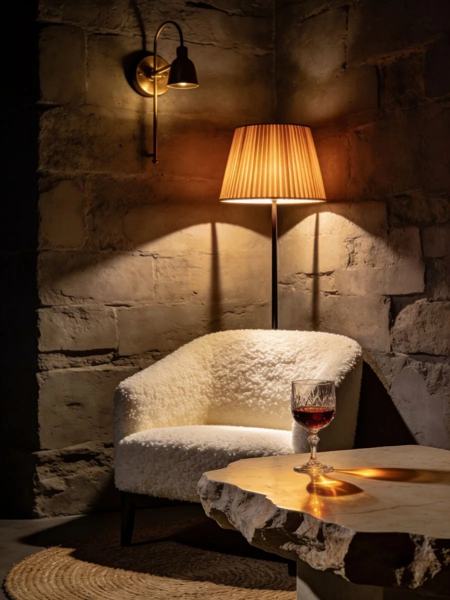 7 Layered Lighting Looks: How to Style Elegant Wall Sconces and Lamps A moody, low-light shot of an opulent living room corner at night featuring a warm pleated floor lamp and a small wine glass on a stone table.