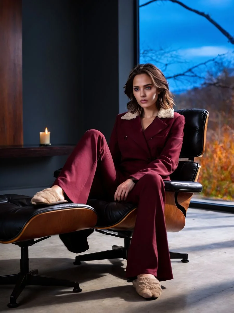 Woman sitting in a black leather lounge chair styling a burgundy fall loungewear set with cozy slides.