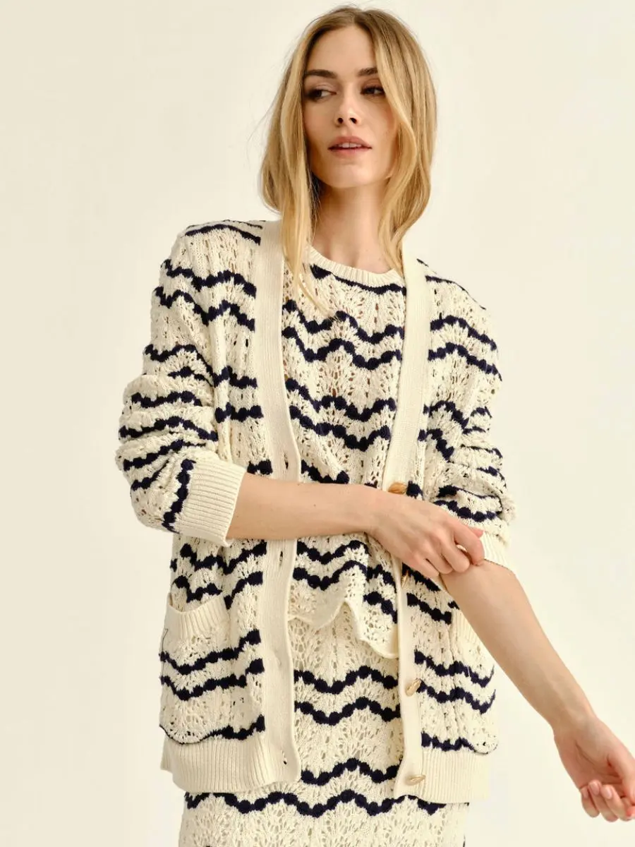 Close-up on the intricate, breathable open-knit texture of the Cartolina pointelle cardigan.