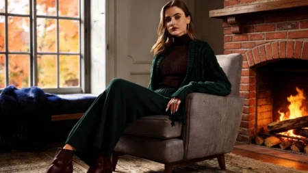 Woman styling green fall loungewear with a brown turtleneck by a cozy fireplace.