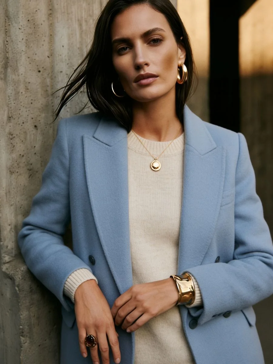 A woman styling a double-breasted light blue wool blazer over a cream knit sweater with chunky gold hoop earrings and a coin pendant necklace for a minimalist luxury autumn look.