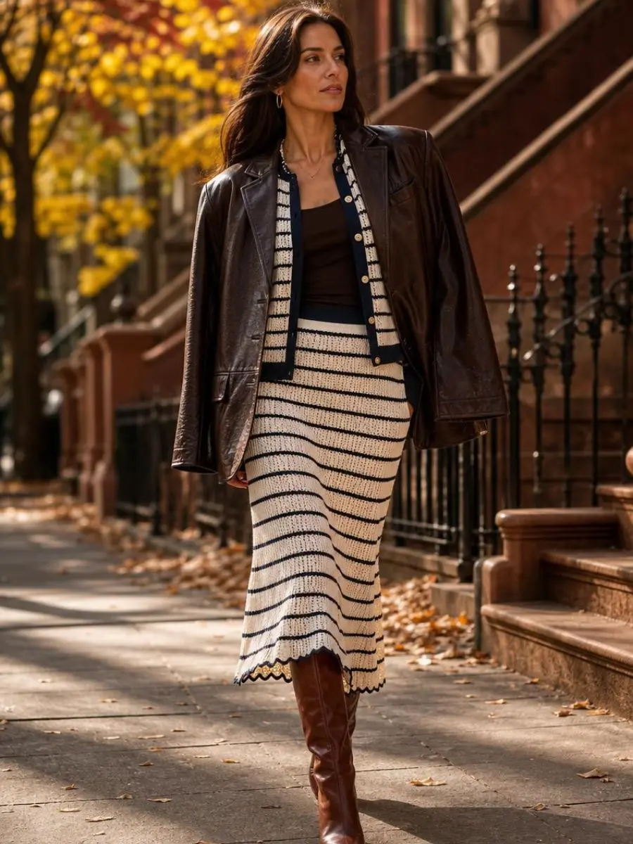 Woman walking outdoors styling a striped knit skirt matching set with a brown leather blazer.