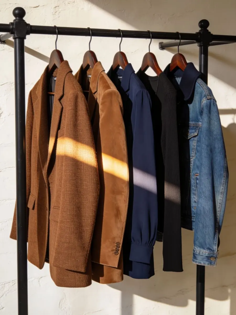 A black metal clothing rack displaying a curated selection of five autumn blazers in neutral and earth tones.