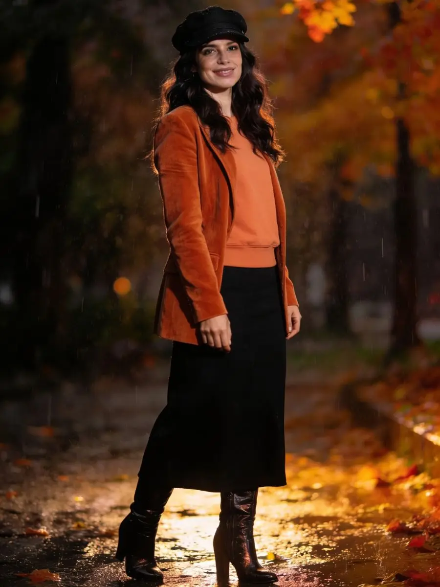 Woman standing on a wet pavement covered in autumn leaves wearing a tailored orange calf suede blazer with a black newsboy cap and leather boots.