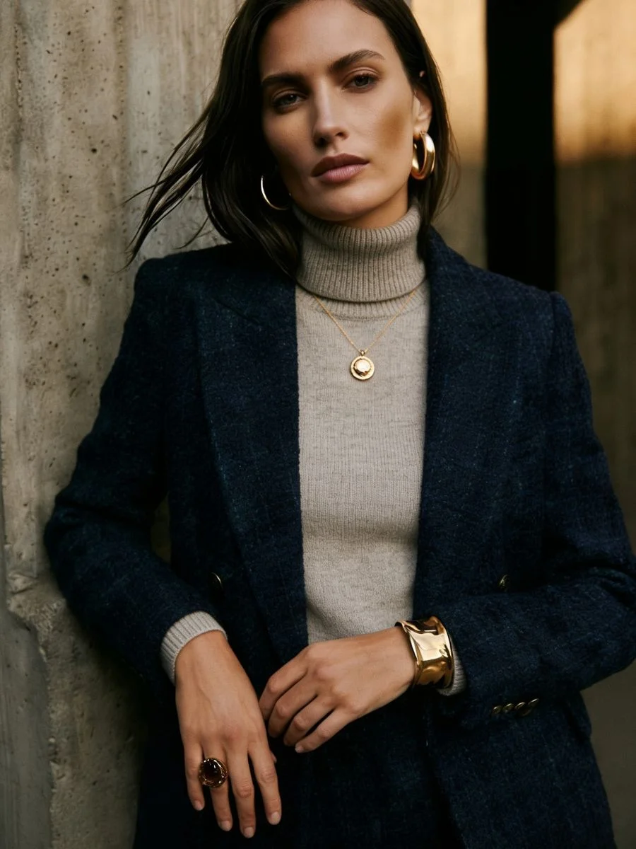 Woman wearing an oversized navy textured wool blazer over a grey ribbed turtleneck sweater with gold hoop earrings.