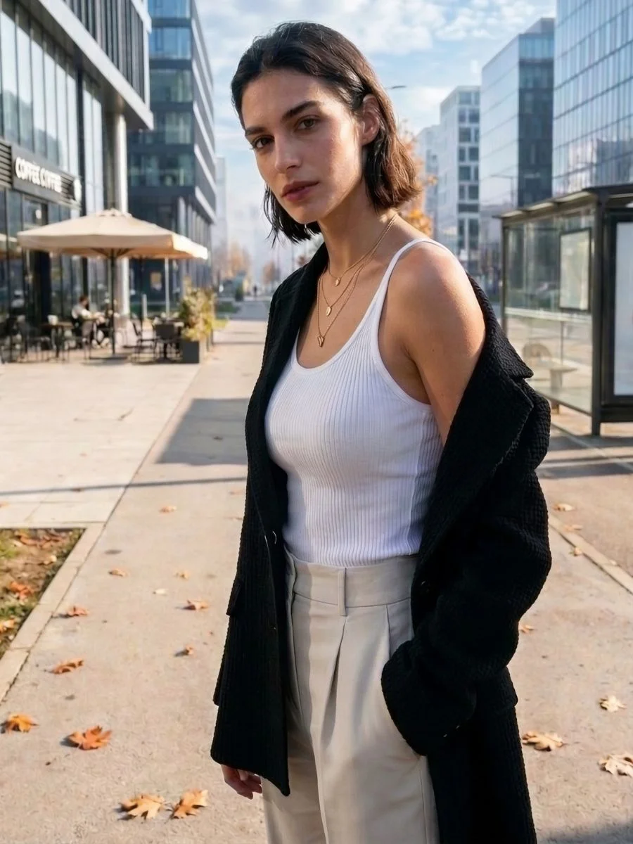 Woman standing outdoors in early autumn with a lightweight black blazer draped loosely over her shoulders and a white tank top.