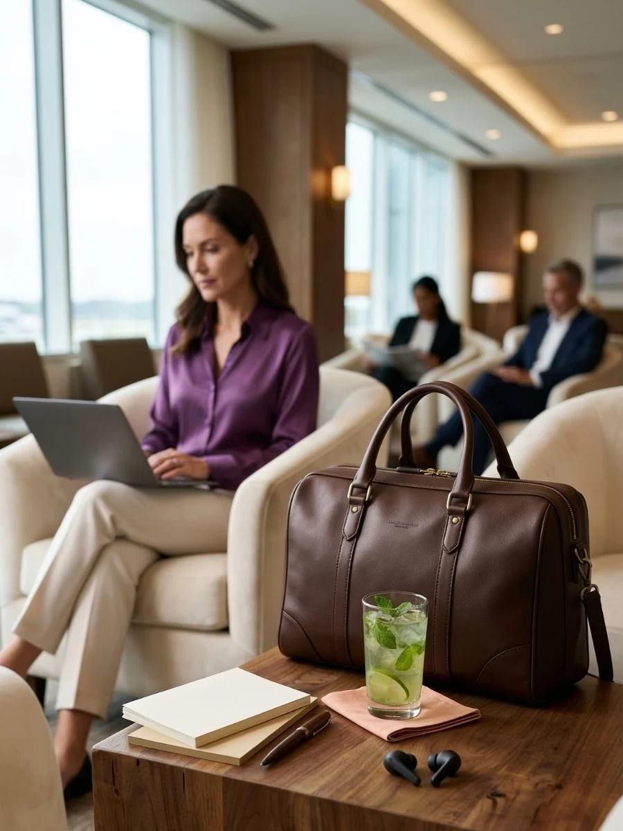 A premium brown leather weekender bag, a mint cocktail, and wireless earbuds resting on a wooden side table in a quiet airport lounge while a woman works on her laptop in the background
