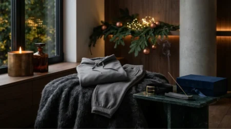 A curated Christmas gifts for him display featuring a folded gray hoodie set, a black leather belt, and a clay incense holder on a green marble table.