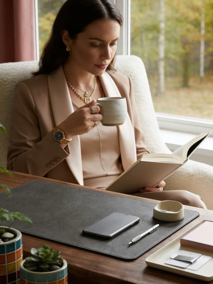 A woman in a beige blazer reading a book by a window with a smartphone placed face down on a leather desk mat, illustrating quiet control over screen notifications