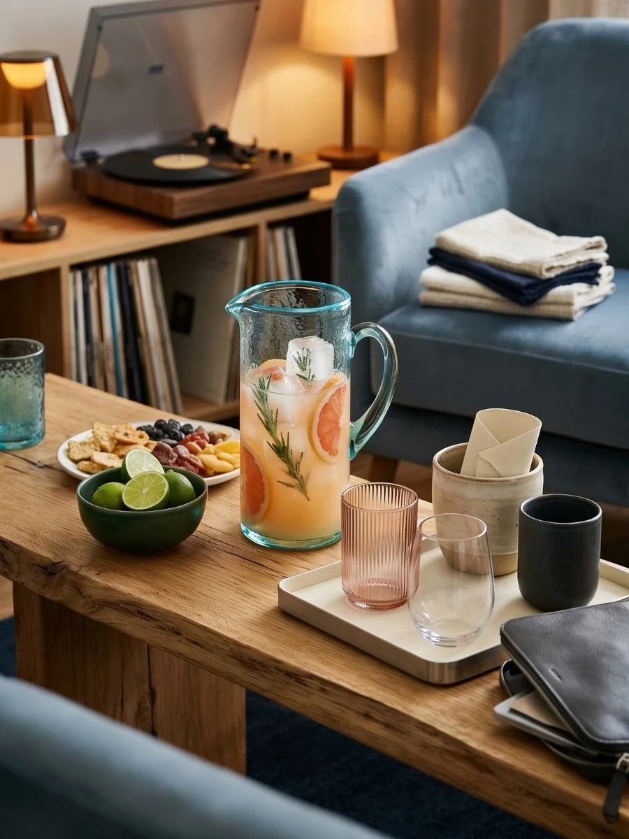 A rustic wooden coffee table set with a glass pitcher of citrus rosemary water, a bowl of limes, assorted glassware on a tray, and a vinyl record player in the background.